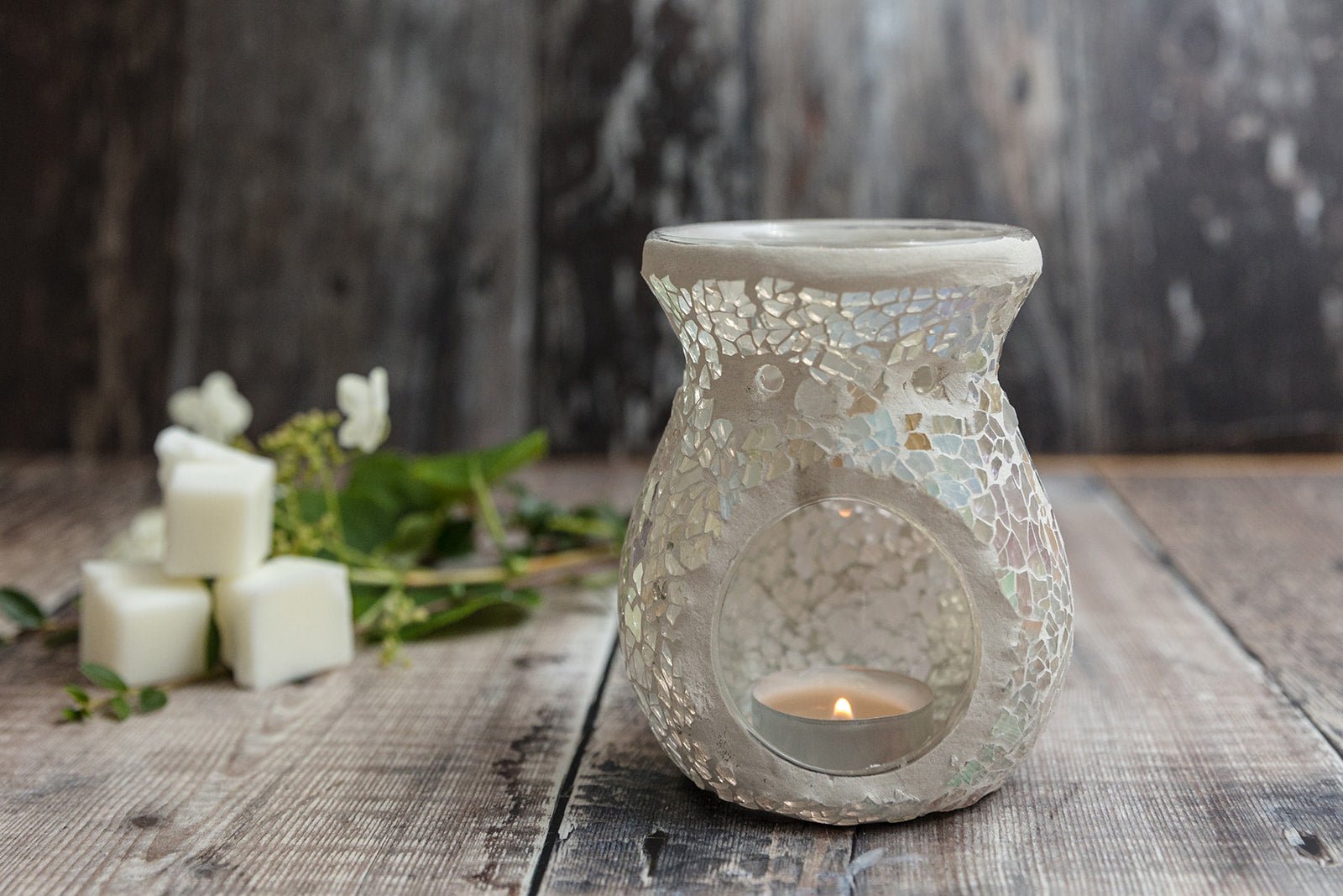 White Crackle Glass Tea Light Wax Burner - A Melt In Time Ltd